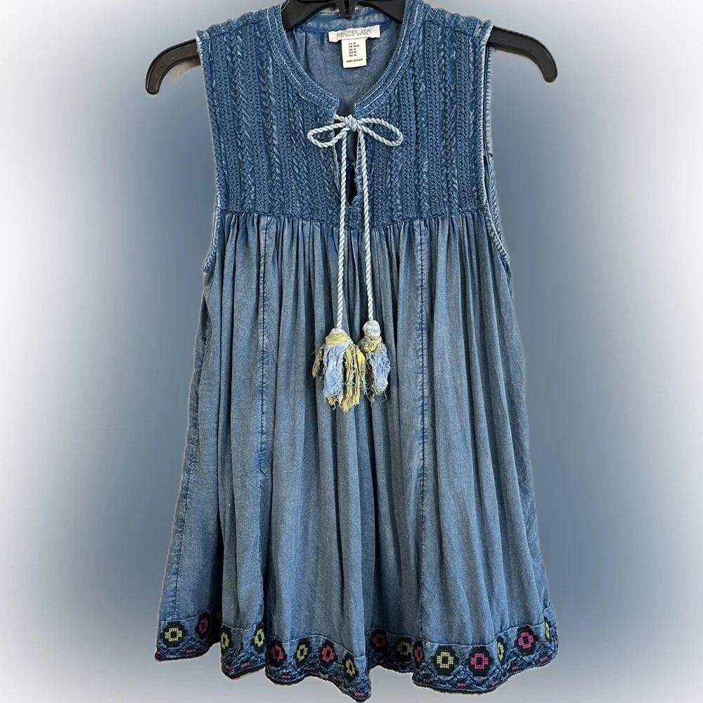 Rachel Zoe Blue Denim Sleeveless Tunic with Embroidered Hem